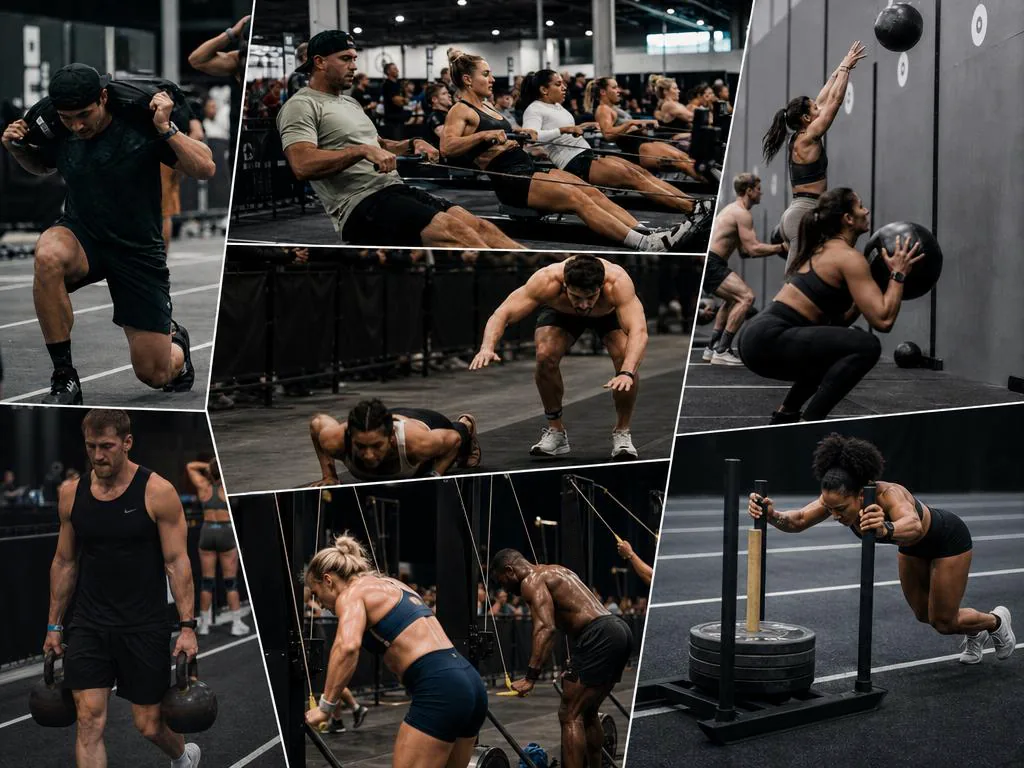 Athletes racing the hybrid format: rowing, wall balls, sled push and kettlebell carries